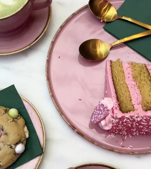 Cafe Fleure food items - cake, matcha coffee and biscuits